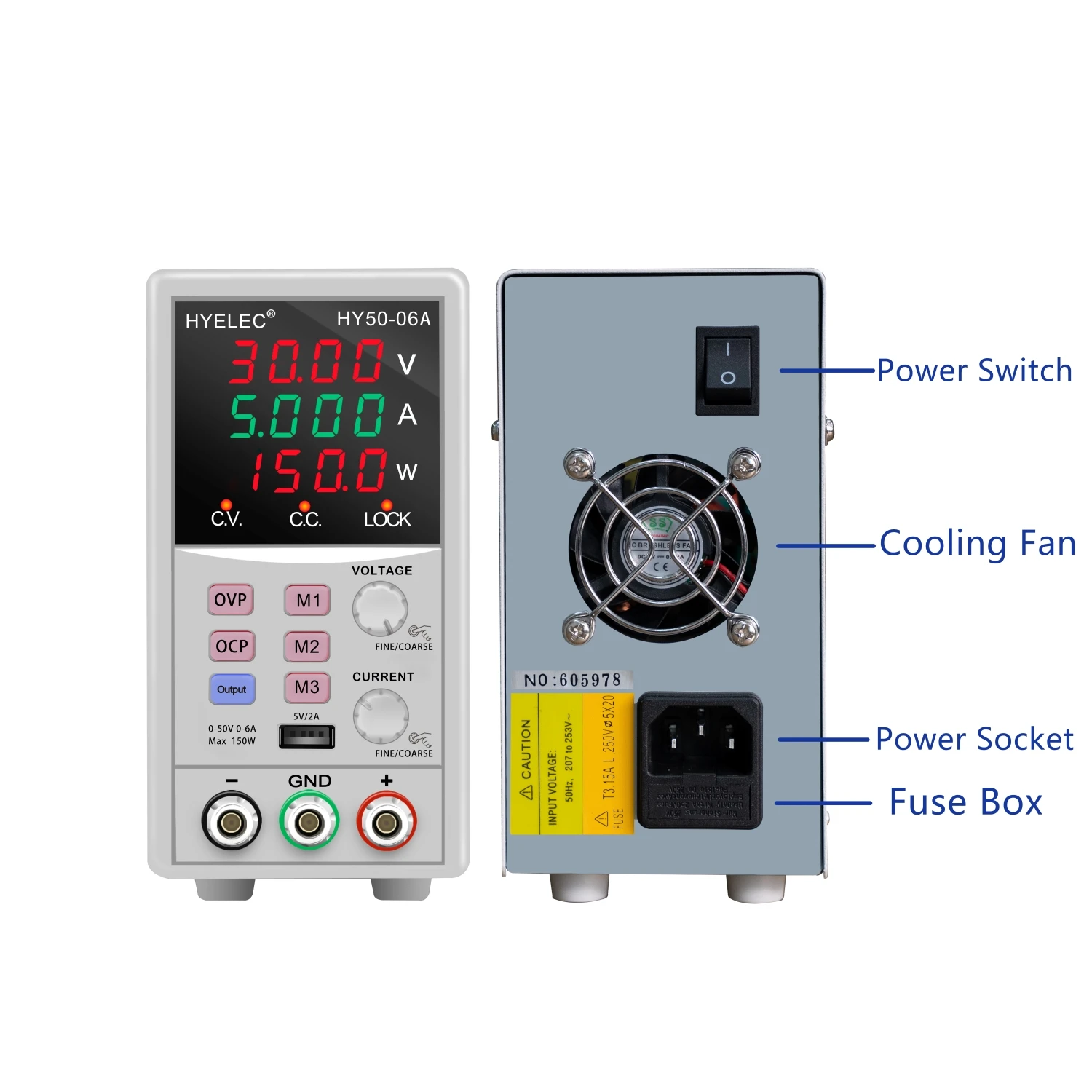 Variable DC Power Supply, Hyelec 50V 6A 150W adjustable switching bench power supply with 4 digits dual color LED display,