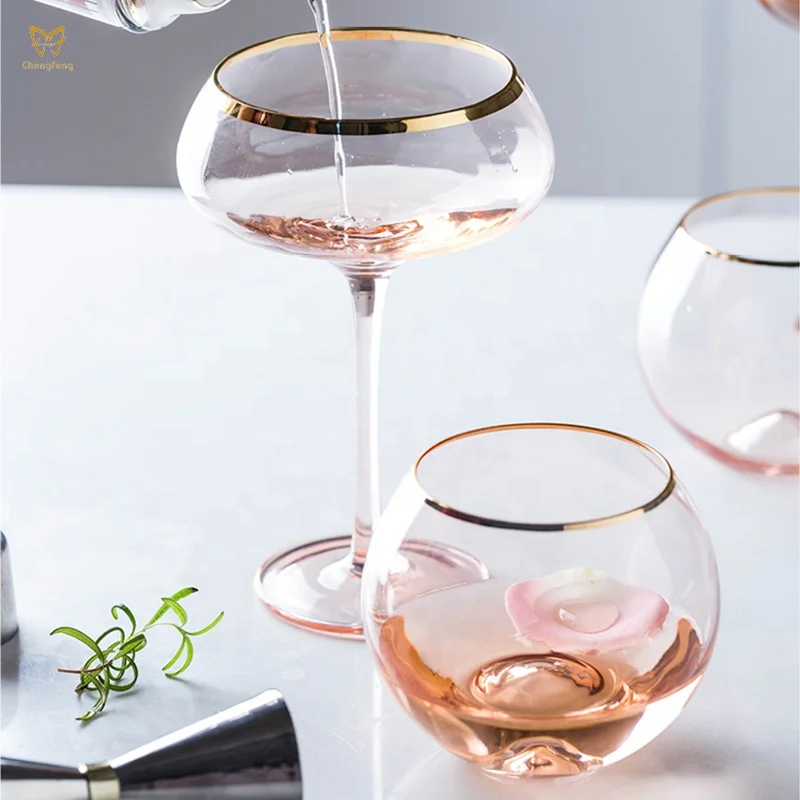 Luxury Wedding Glass Cup Set Colored Pink & Gilded Rim Coupe Glass, Champagne, Martini & Cocktail, Dessert & Drinking Glasses