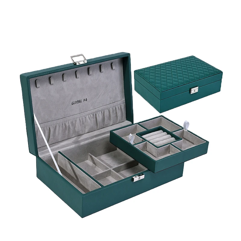 High Quality Green PU Leather Jewelry Storage Case Jewellery Gift Organizer Faux Leather Jewelry Box