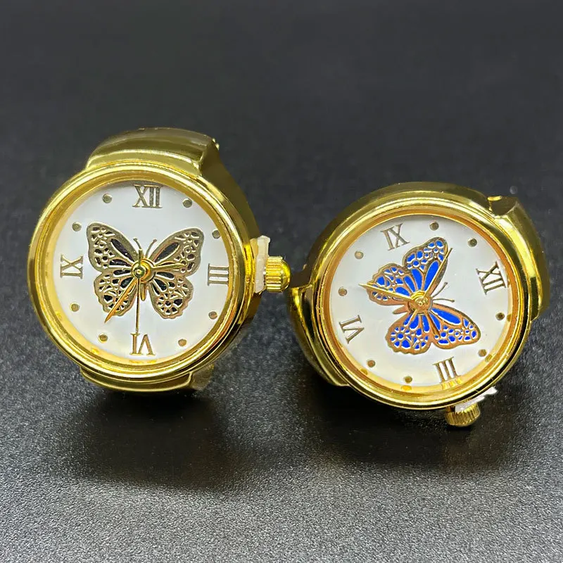 Custom logo Finger Watch Ring Dial Quartz Elastic Adjustable Watchband Steel Mini Butterfly Watches Ring With Extra Battery