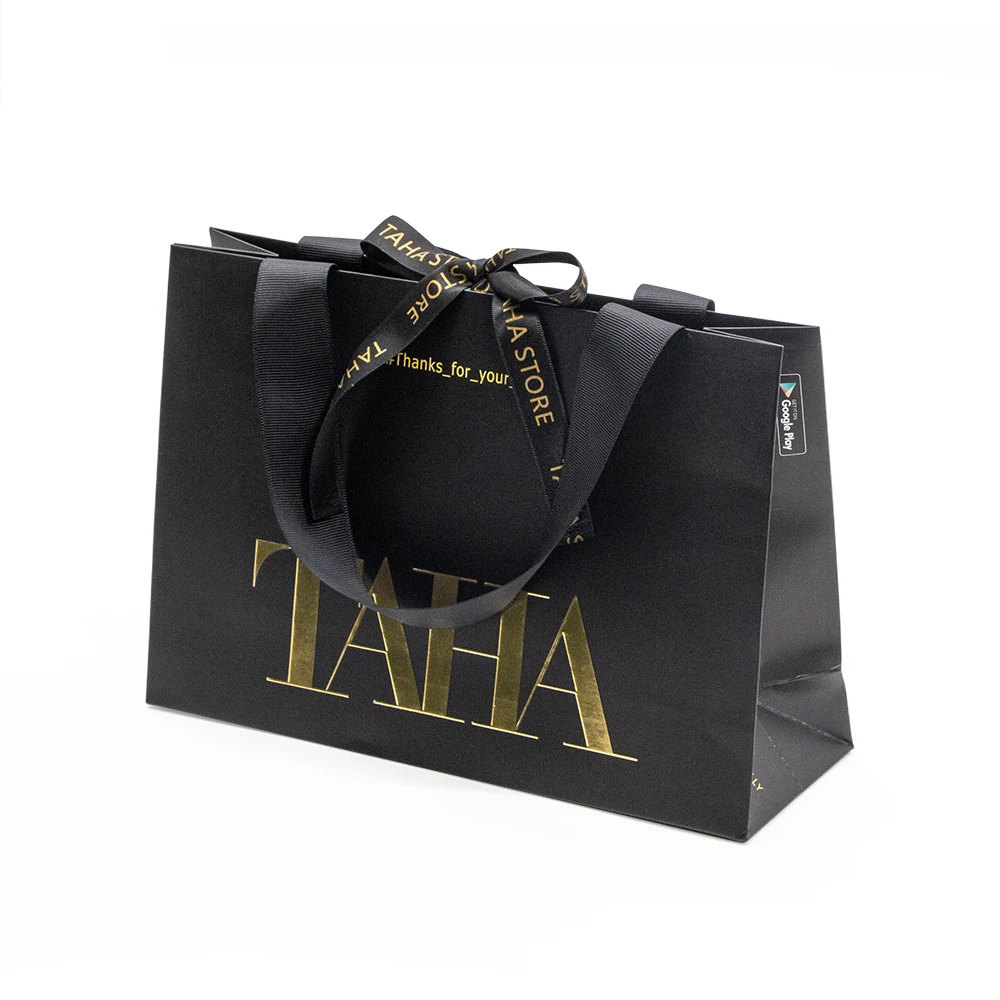Custom High Quality Luxury Black Kraft Shopping Gift Paper Bag with Ribbon Handles and Your Own Customized  Logo