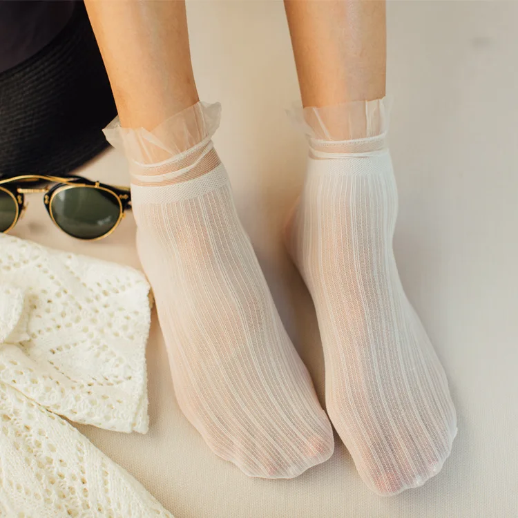 
XL-374 Wholesale summer thin silk stockings lace ruffle socks women socks 