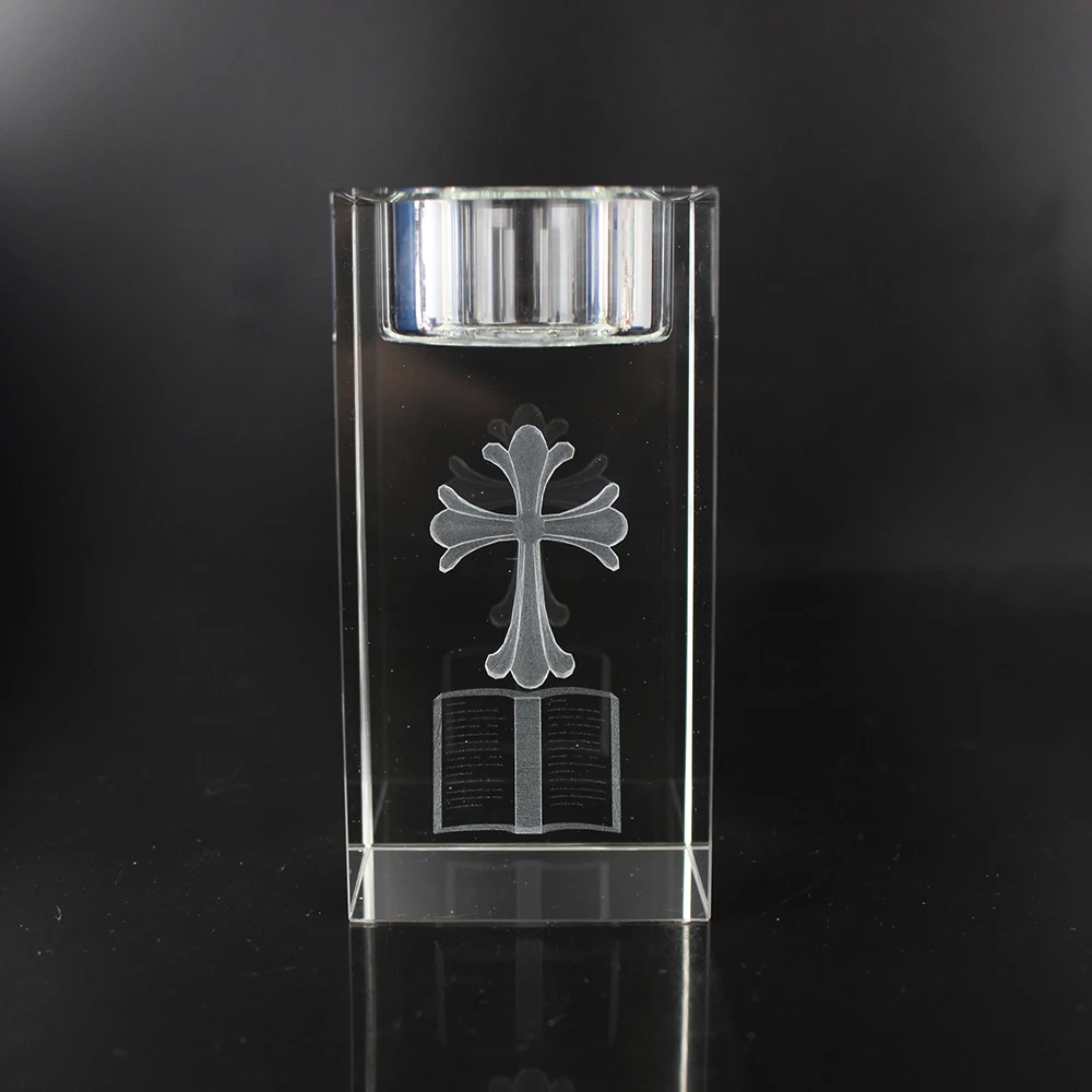 Wholesale Crystal Glass Block Jesus Cross Candle Holder For Religion Gift