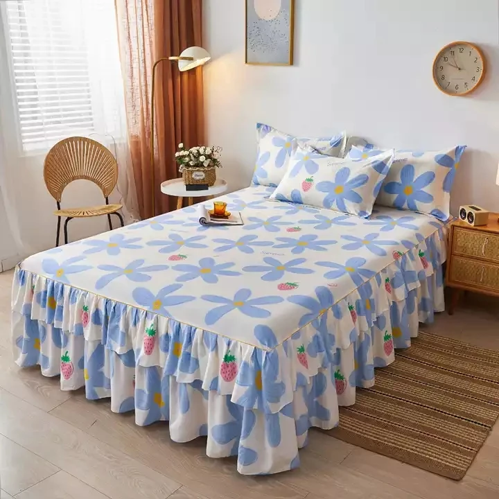 Bed Skirts Set Double Layer Bedspread Floral Printed Bedsheet Bilateral Bed Skirt + 2pcs Pillowcase Bedsheets