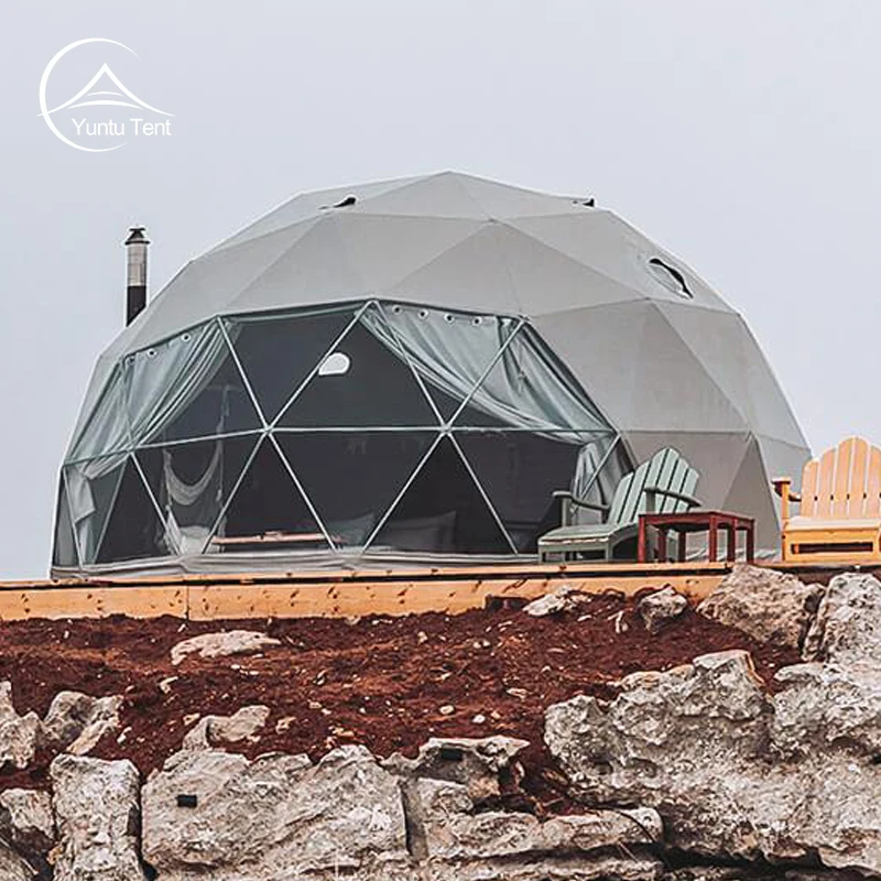 Prefab Waterproof Clear PVC Geodesic House Glamping Hotel Dome Tent With Bathroom