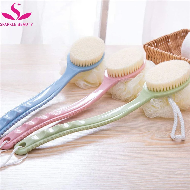 Bath Brush with Bristles and Loofah Back Scrubber Mesh Sponge with Curved Long Handle for Skin Exfoliating