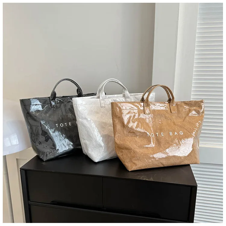 New Arrival Custom Fashion Vintage Dupont Kraft Paper Tyvek Tote Bag Big Capacity Commuting Kraft Paper Shopping Handbag