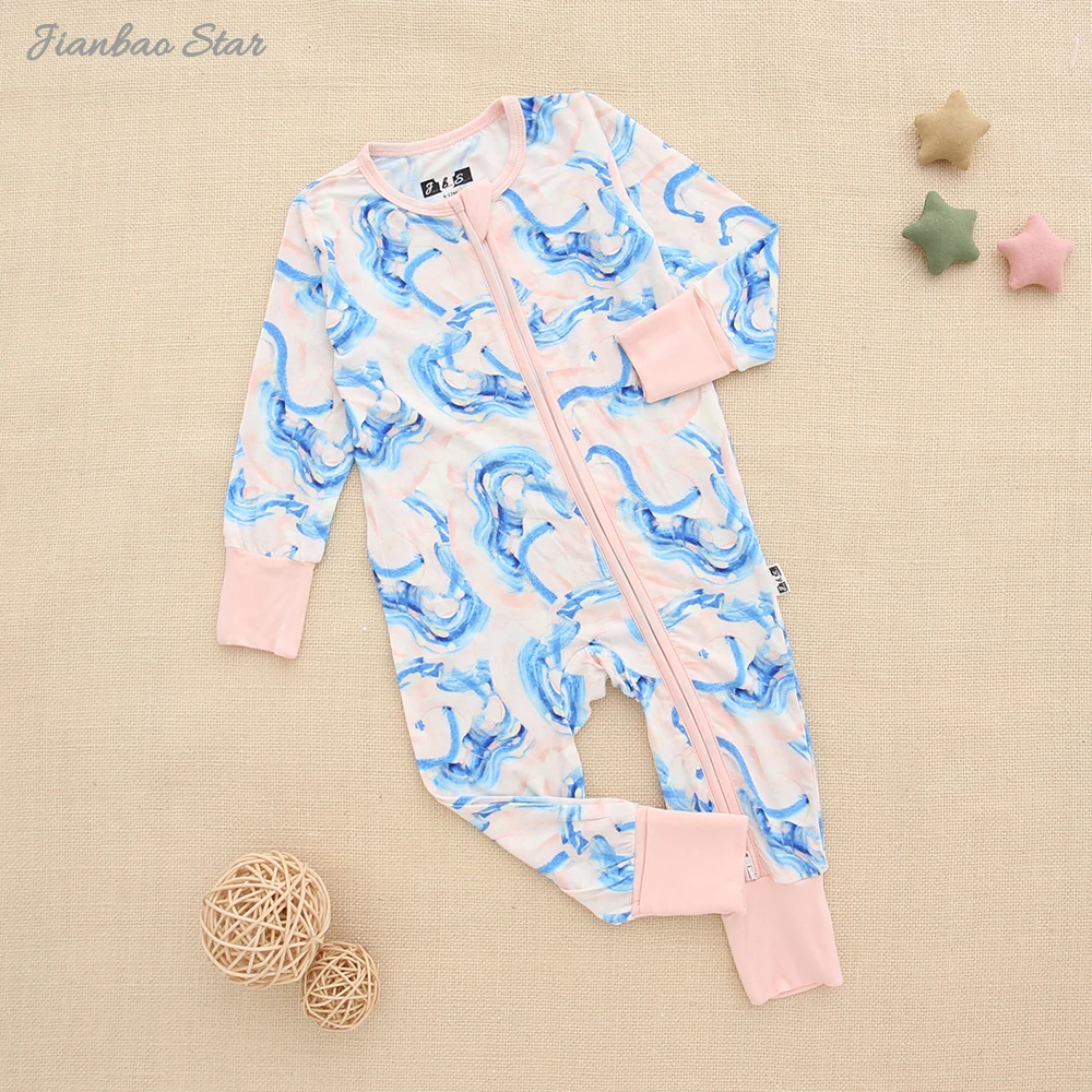 Wholesale Two way Zipper Baby Romper Bamboo Spandex Cotton Soft Fabric Long Sleeve Custom Printing Infants Sleeper  Baby Rompers