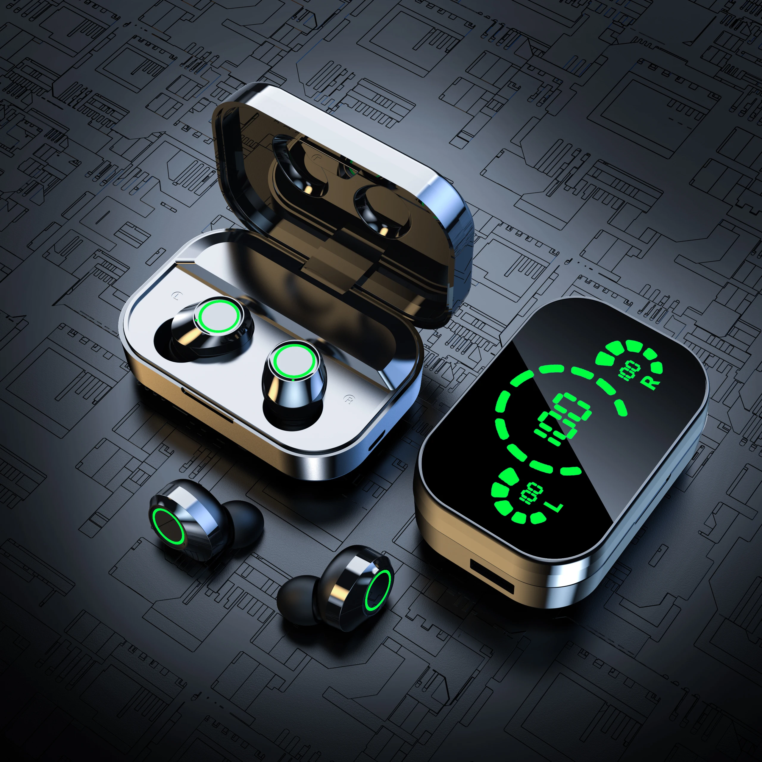 YD03 TWS Bluetooth Headphones HD Mirror Screen LED Display True Wireless Earphones 9D Stereo Sports Waterproof Headsets