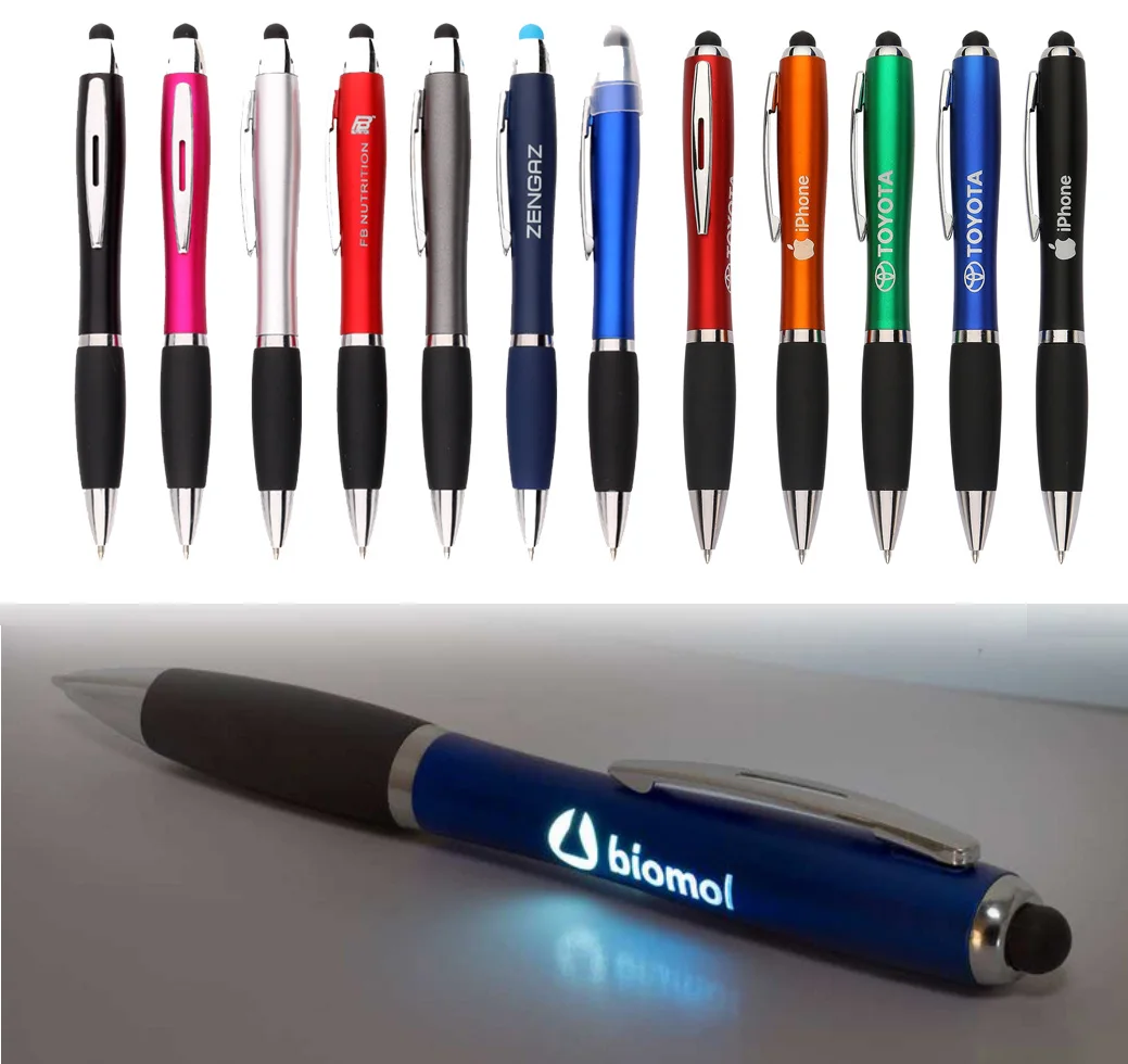 new 3 in 1 custom logo gift ballpoint led glow mobile touch pen stylus promotional pen light ballpoint pens with logo