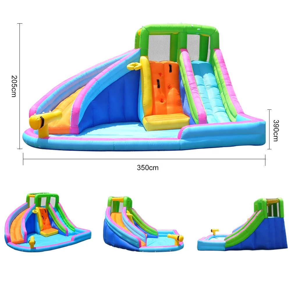 Inflatable slide trampoline double water slide elastic castle with water cannon water spray swimming pool park