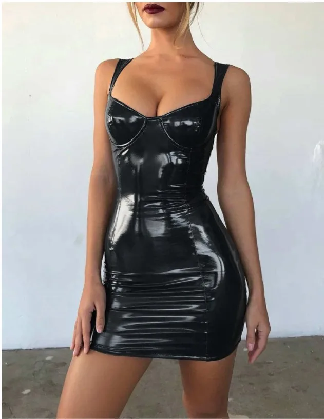 Sexy Women Black Leather Long Dresses Irregular Bodycon High Quality PU Leather Dresses For Ladies