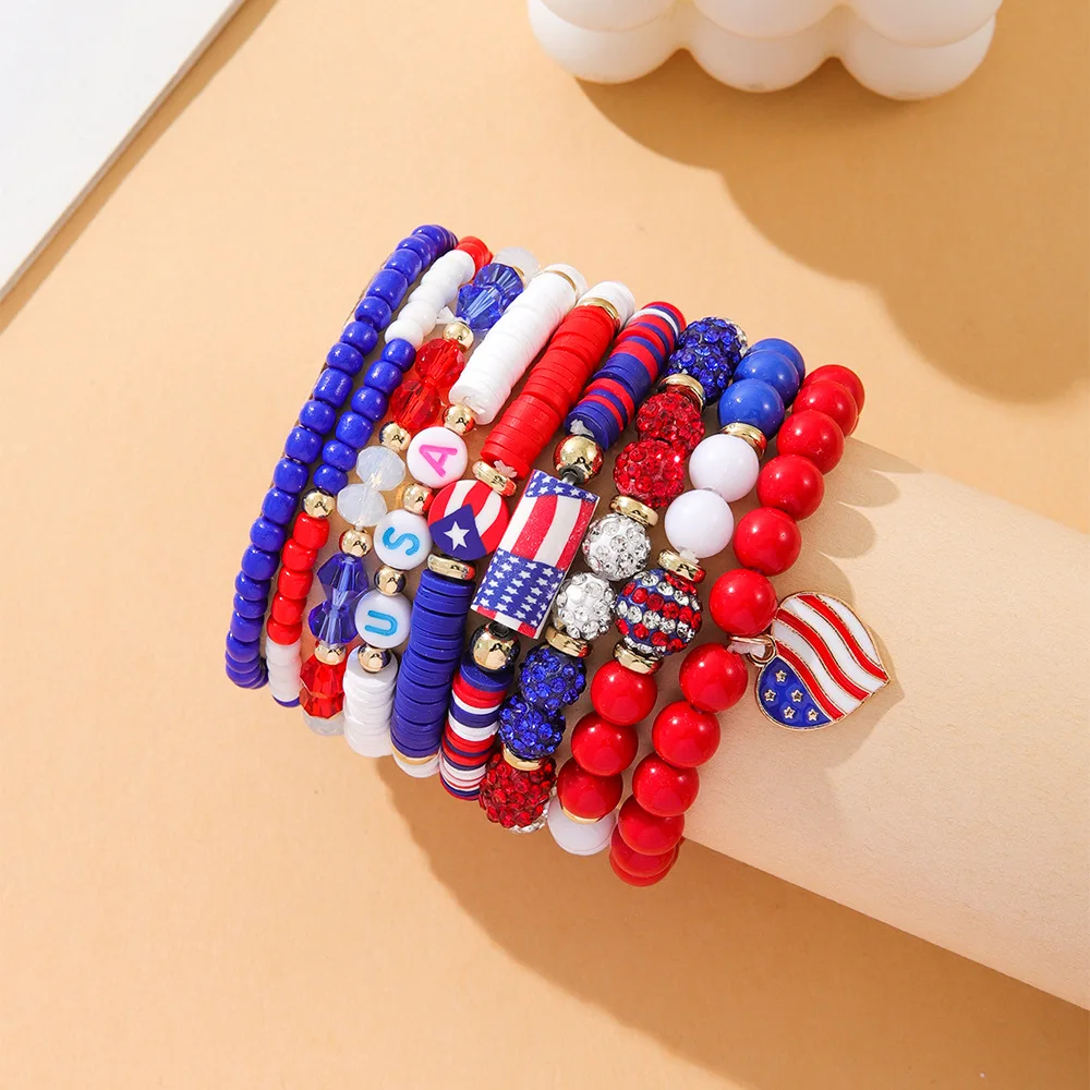 Hstyle  4th of July Bracelets Red White Blue Bracelets USA Clay Bead Bracelets Patriotic Summer Beach Beaded Stackable Jewelry