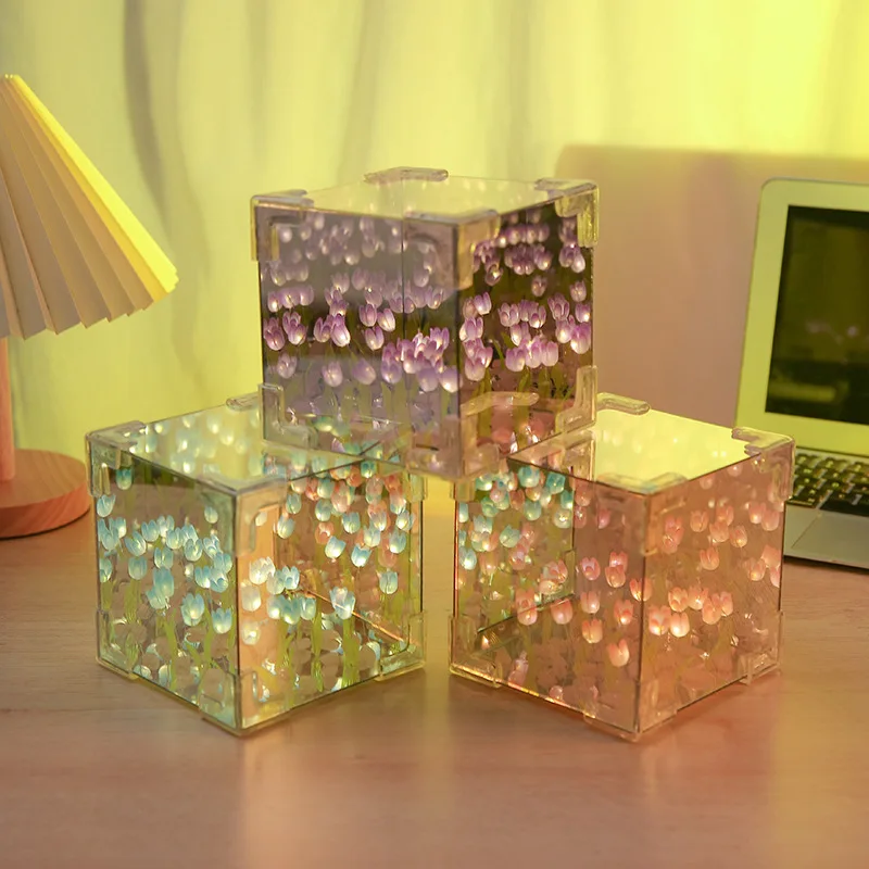 DIY Acrylic 12*12cm Tulip Flower Sea Magic Cube Product Three-Dimensional Night light Table Lamp for Room