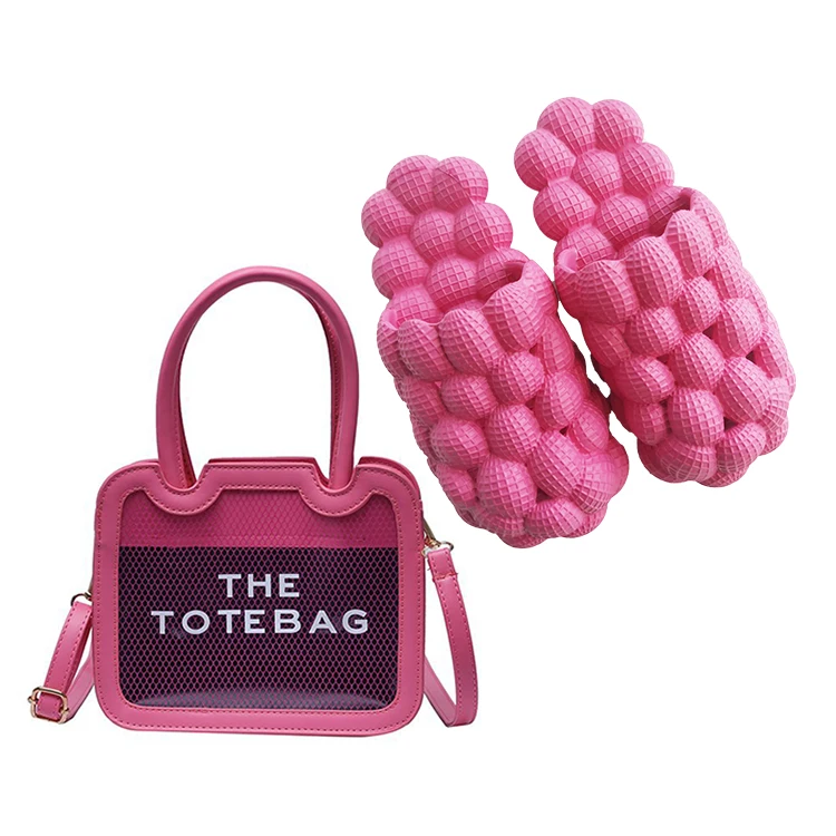 Wholesale New 2022 Custom Rhinestone Bubble Slides Green Black EVA Slippers and Fashion The Tote Bag Purse Set for Women