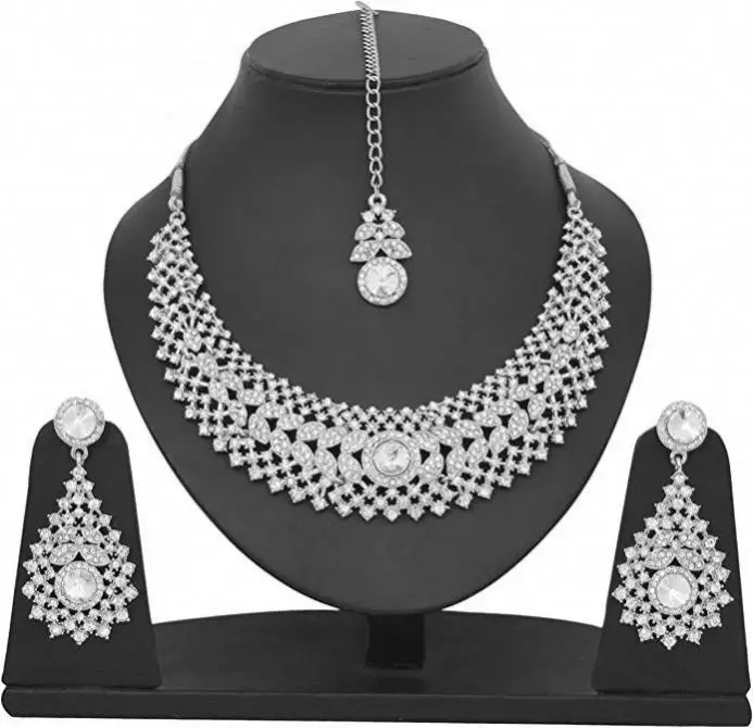 Glamour Scintillating White Round And Rivoli Shape Rhinestone Grand Bridal Designer Jewelry Hasli Necklace Set