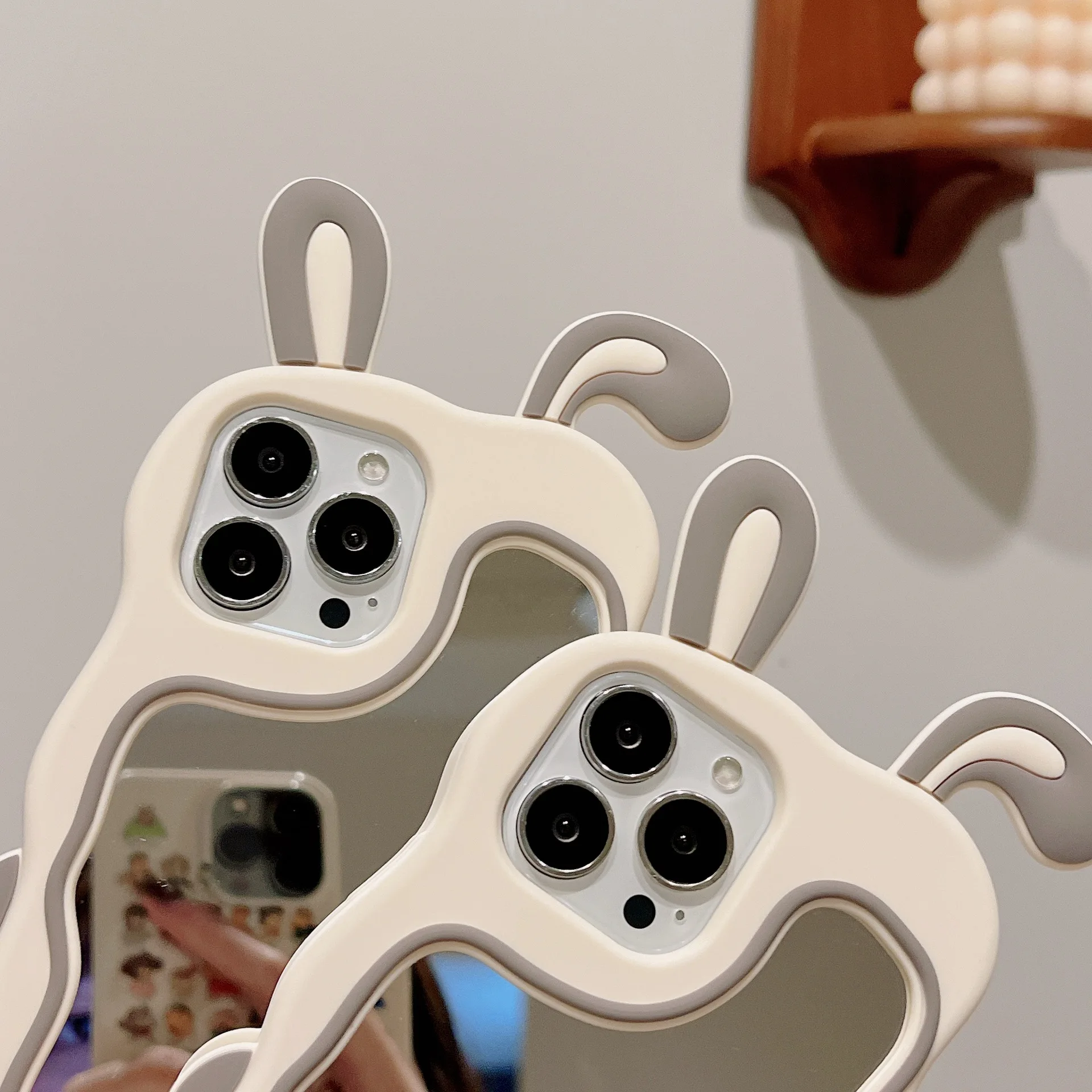 Cartoon Animals Cute Bunny Ears Silicon Mirror Mobile Cell Phone Case For Iphone 14 Pro Max