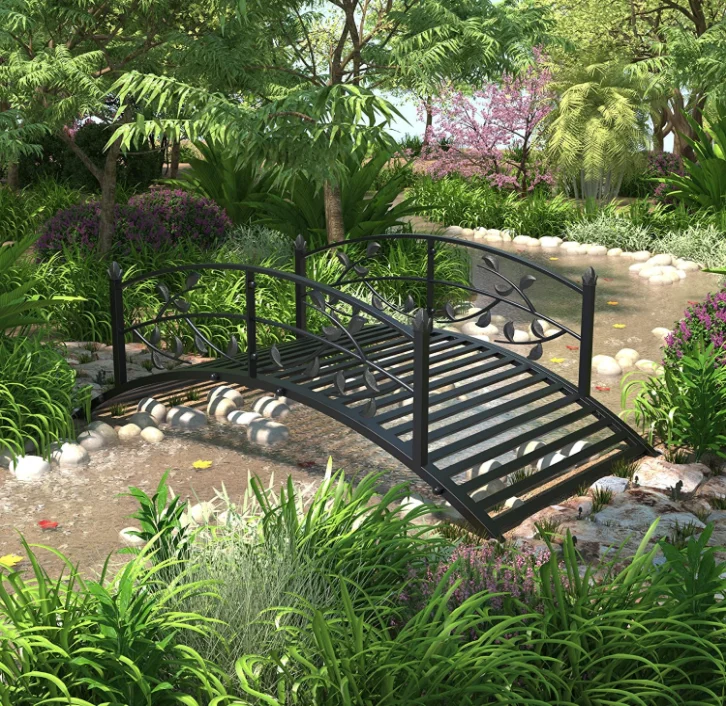 4 Ft Black Leaf Design Garden Metal Arch Bridge Backyard Iron Bridge Footbridge with Security Guardrail Backyard Decor