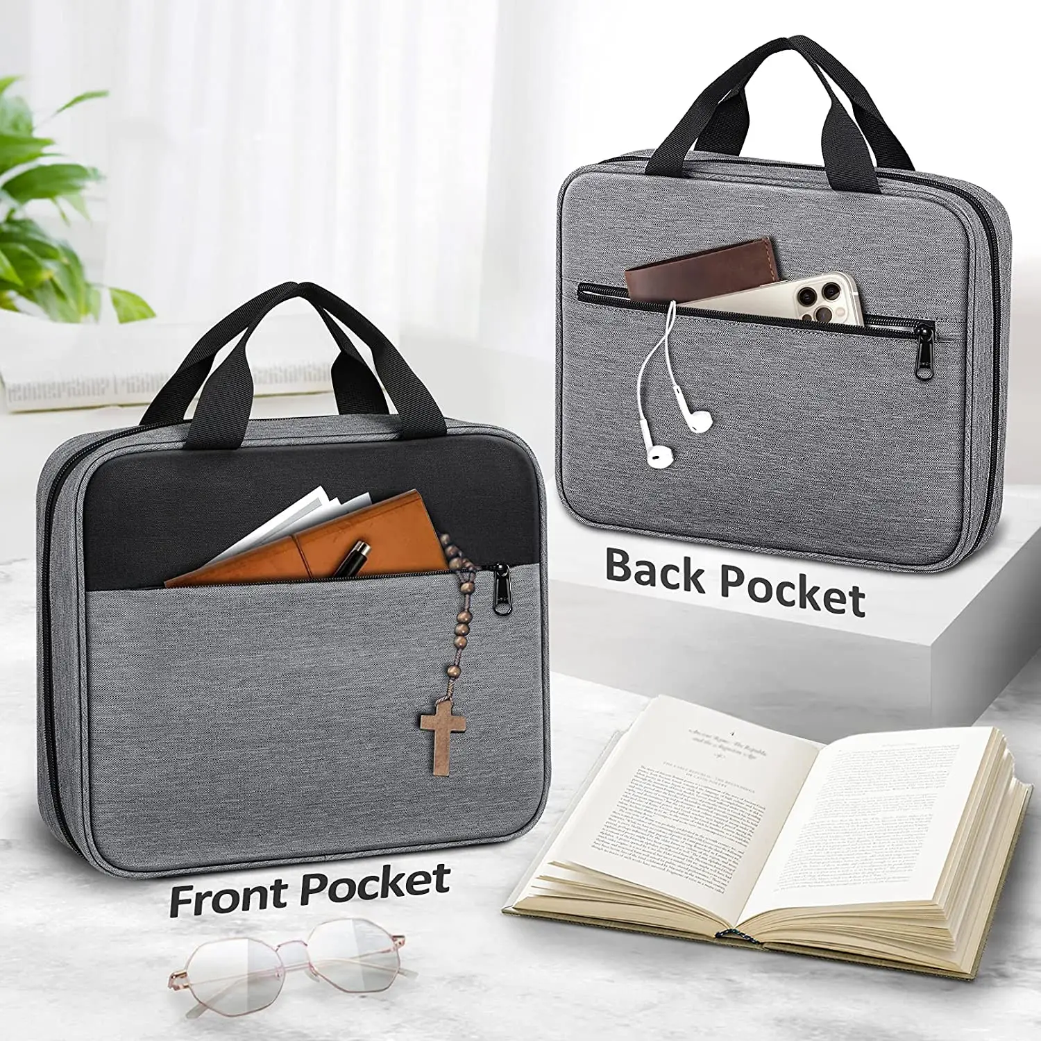 Wholesale Logo Printed Top Tote Handle Carrying Bookcase Zipper Pocket 2 Tone Large Church Holy Book Protective Bible Cover