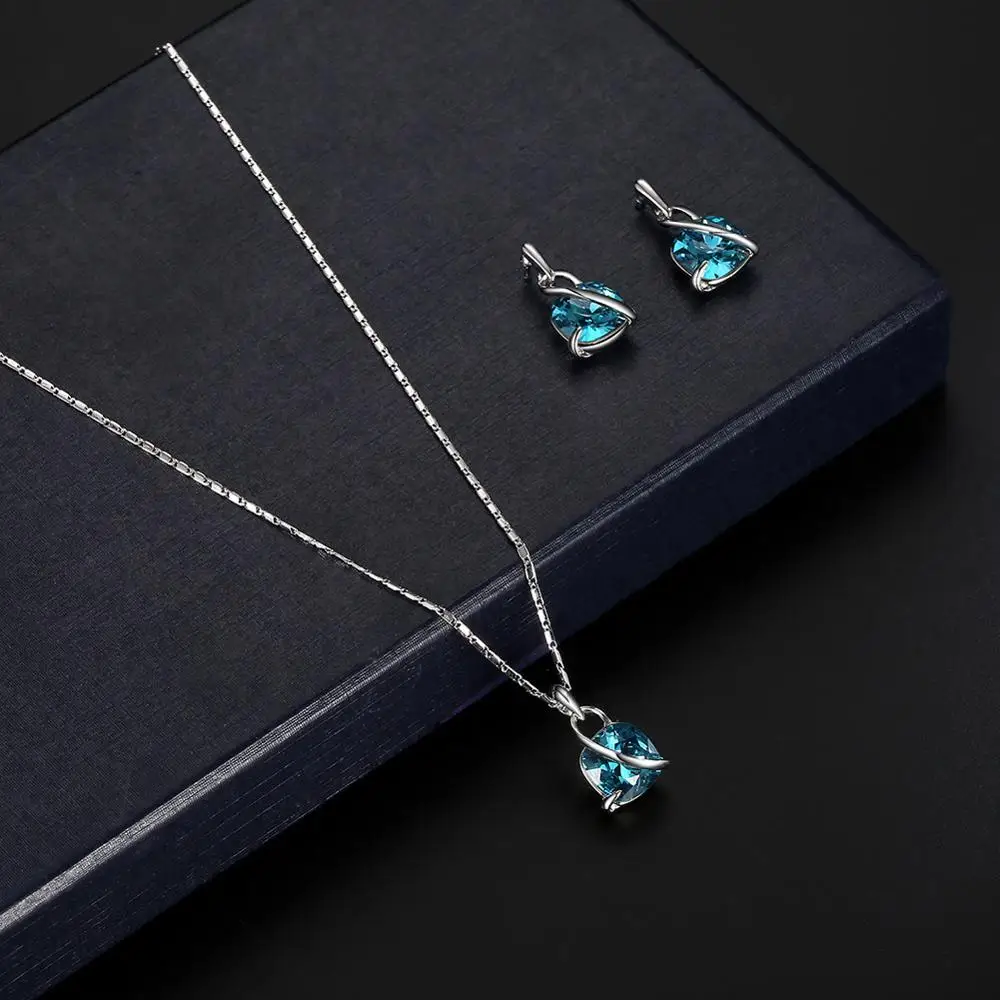 Top Design Wholesale Fashion Women Necklace Jewelry Set Accessories Earring Light Blue Crystal Indian Wedding Bridal Jewelry Set