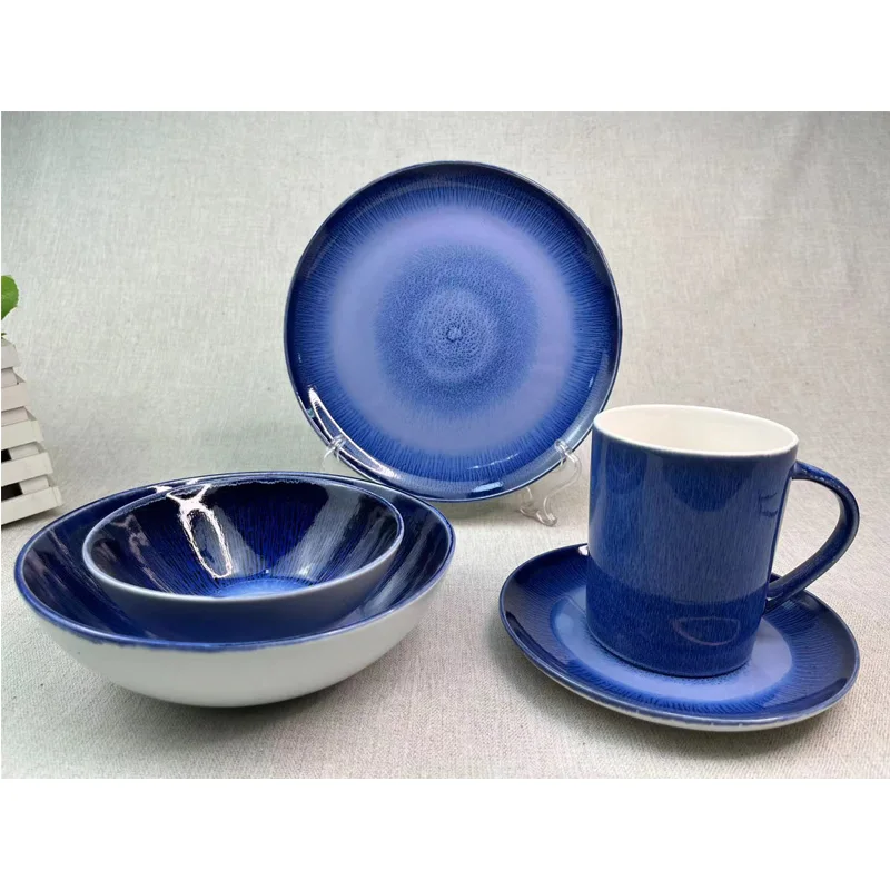 Reactive Stoneware Dinnerware Set Porcelain Plate bowl Set Cobalt Blue