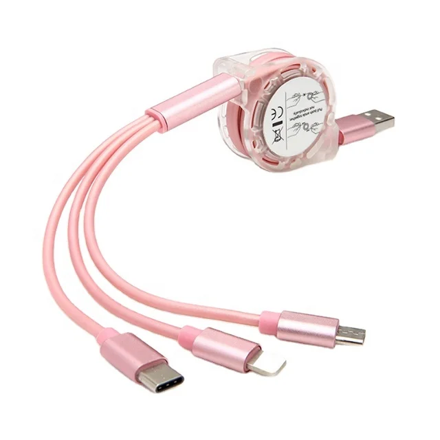 New Arrival Multi-Function 3 in 1 Retractable Fast Charge USB Cable Type C Micro Usb cable for iphone android
