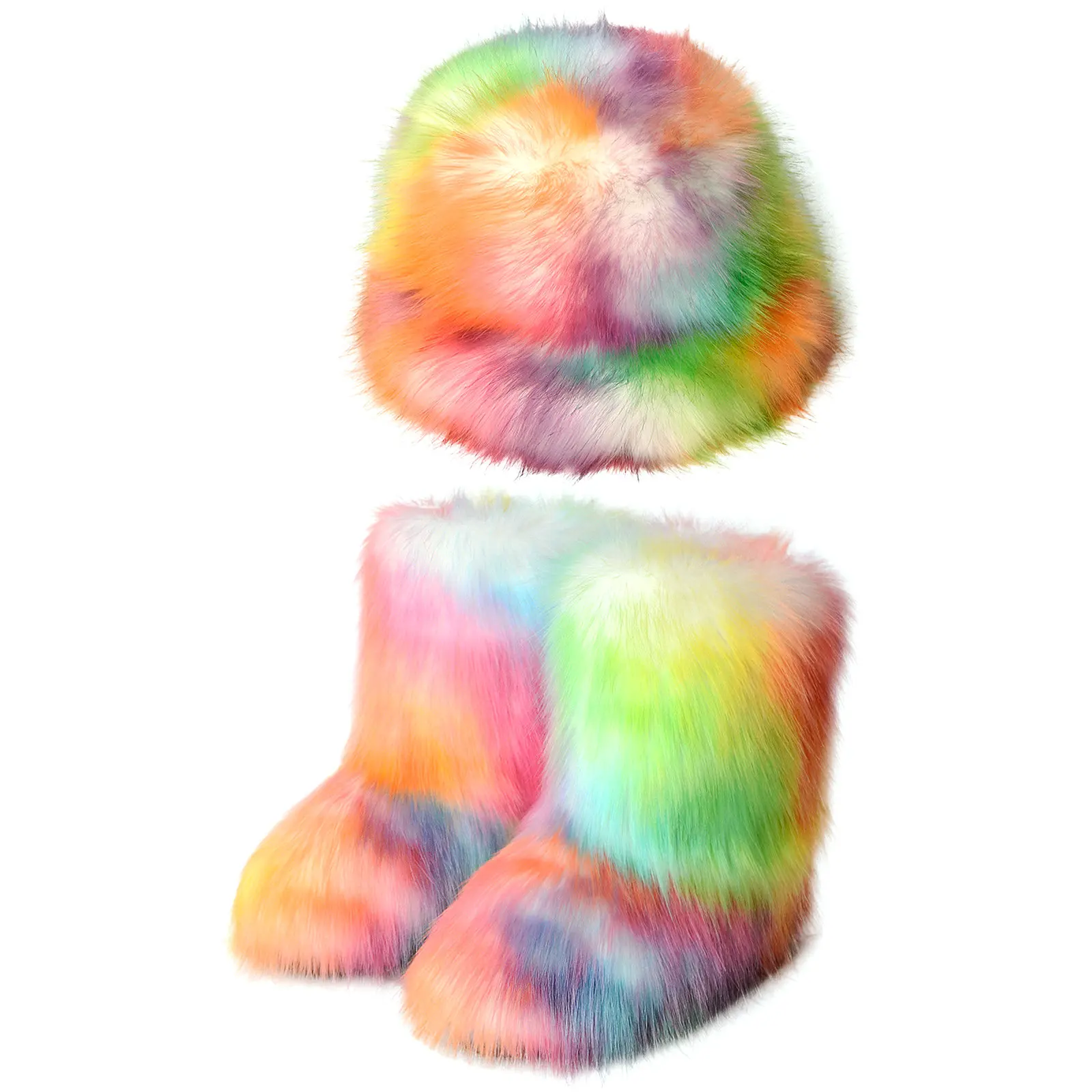 Winter new Europe American fashion women plush snow boots and hat two piece set Colorful Fur Bucket Hat Warm Fur ankle Boots