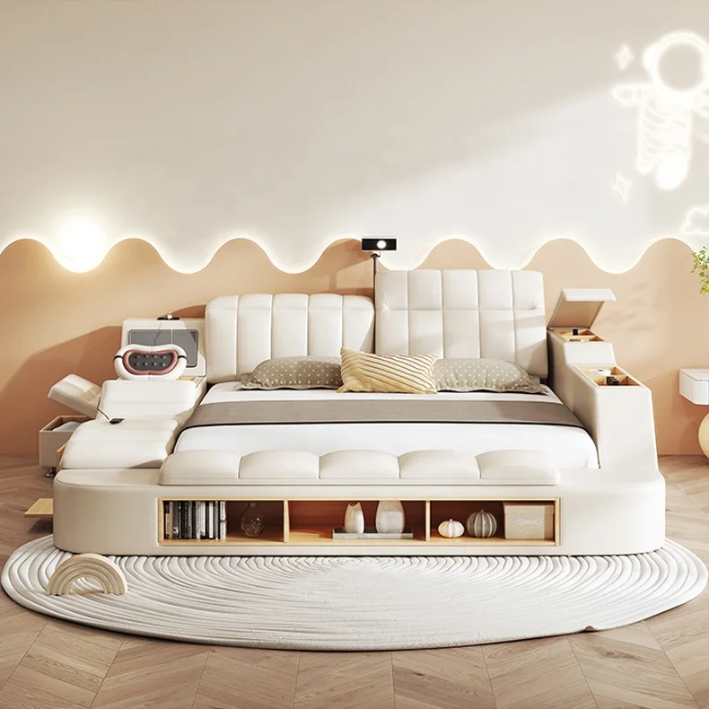 2024 Modern Luxury Multifunctional Genuine Leather Smart Bed with HD Projector Massage Tatami Master Room  Marriage Bed