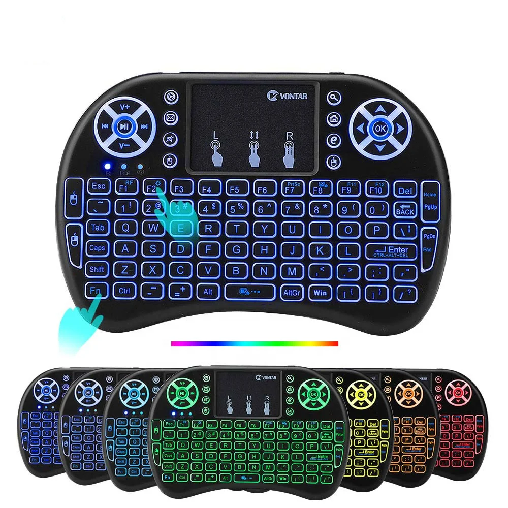 С подсветкой 7 цветов I8 беспроводная клавиатура 2,4 ГГц тачпад игровая клавиатура мини беспроводная клавиатура (батарея в комплект не входит)