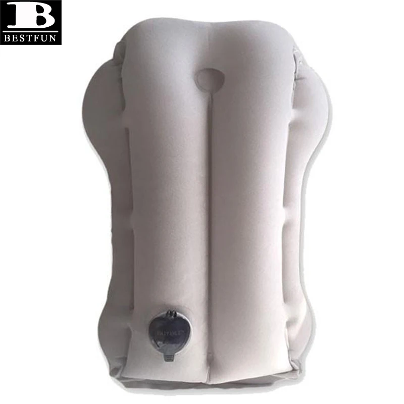 downy flocking inflatable travel pillow with head and arm rests for airplane, bus, train, car, camping, backpacking