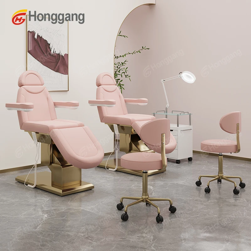 3-Motor Electric Pink Facial Bed with Metal Base: Spa-Ready with Magnifying Lamp, Perfect for Beauty Salons