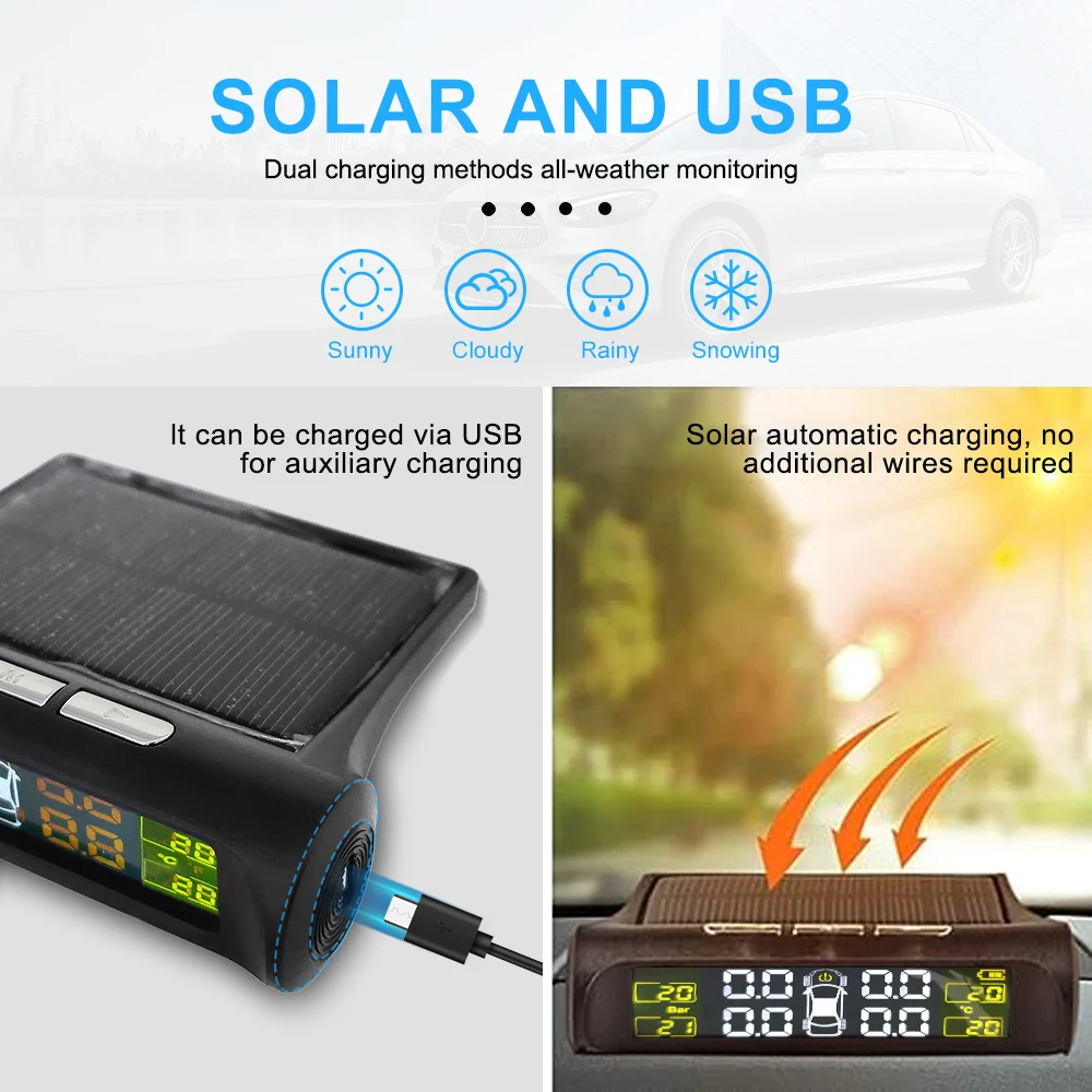 Car TPMS Tire Safety Monitoring System Solar Power Digital LCD Display Auto Security Alarm External Tyre Pressure Sensor