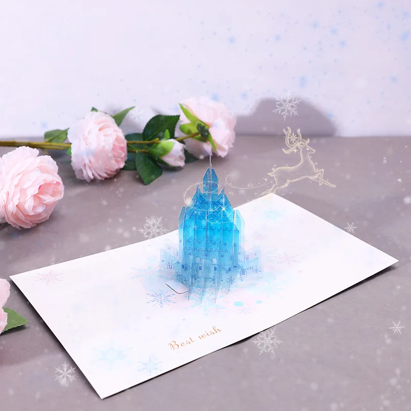 Wholesale 3D Christmas Blue Ice Castle Christmas greeting card holiday blessing handmade creative pop up gift paper card