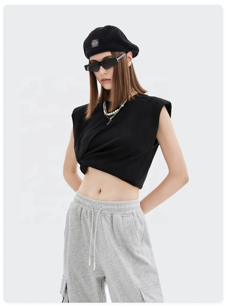Trendy shoulder pad plain sleeveless t shirts loose fit womens tank top cotton high street basic