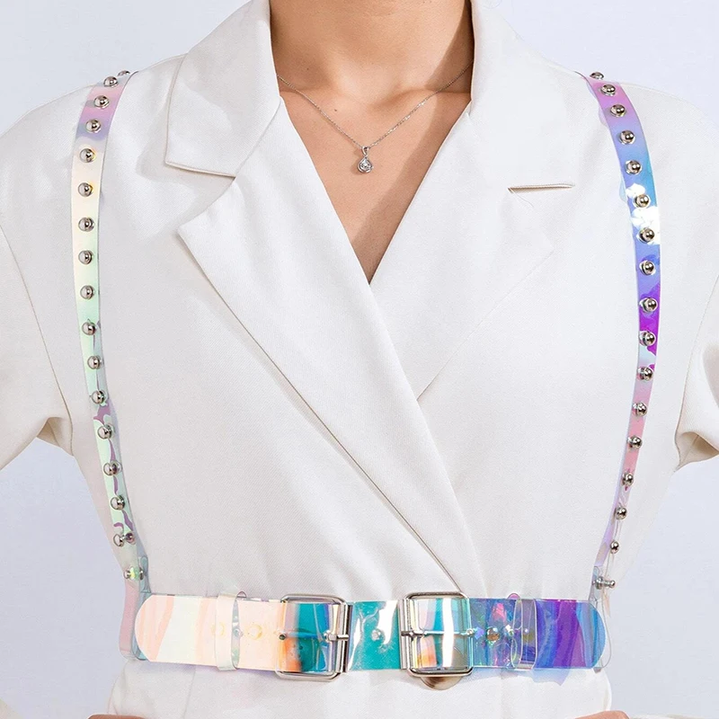 Women Laser Multicolor PVC Holographic Harness Belt Gothic Body Caged Iridescent Harness With Buckles