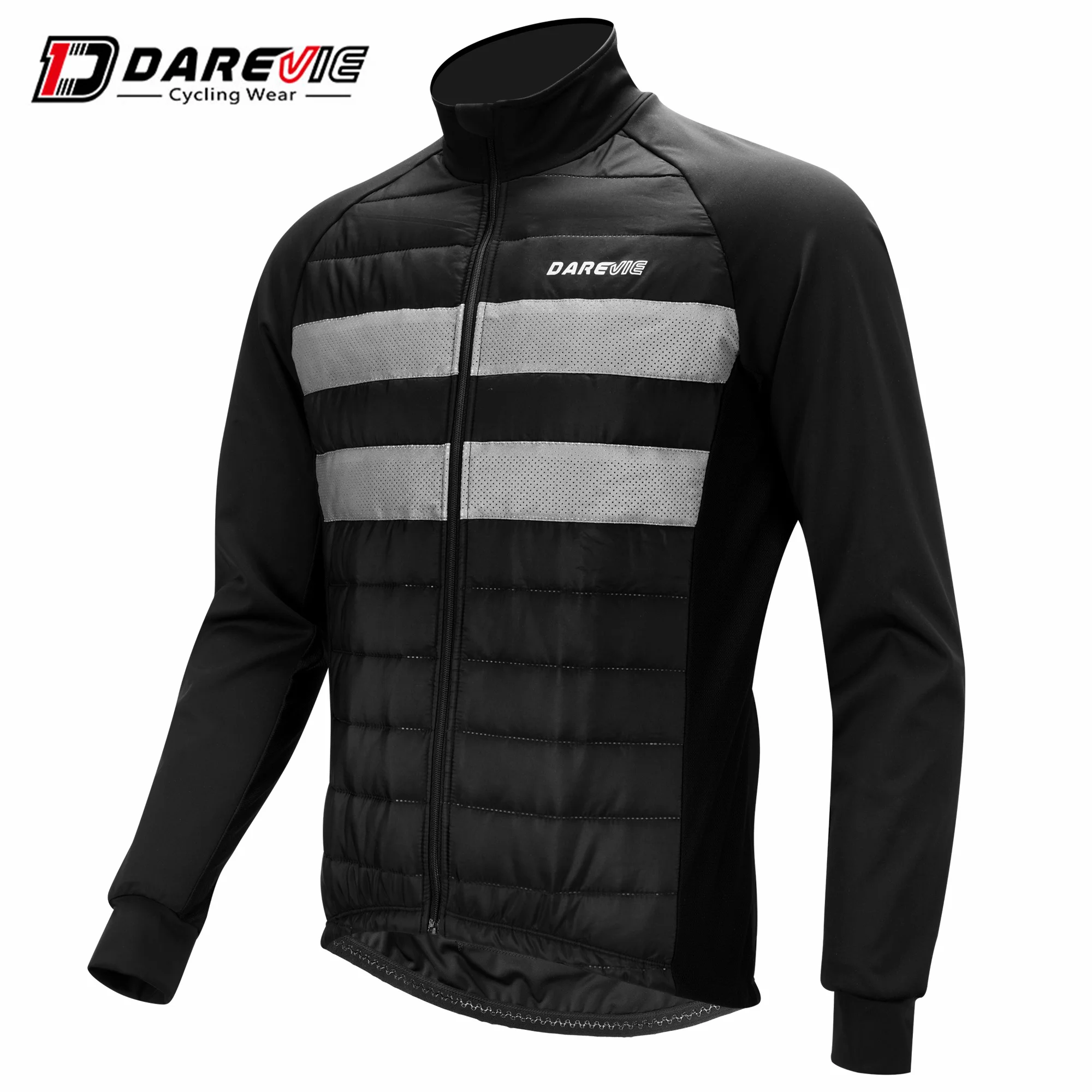 Darevie Men Black Cycling Jacket Waterproof Down Windproof Thermal Bike Jersey Reflective Stripe