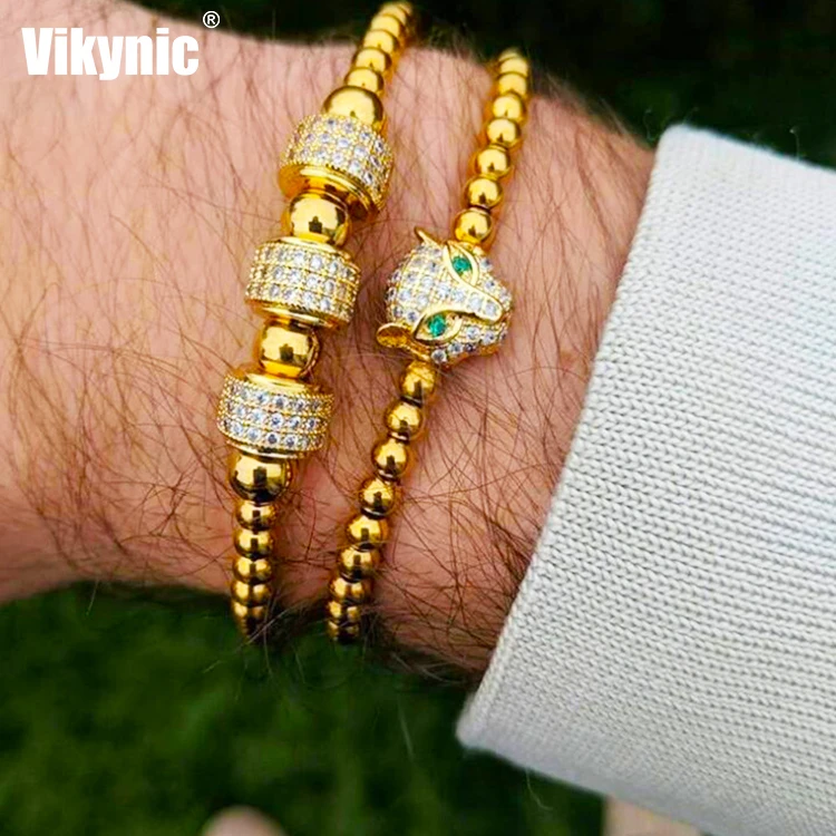 2Pcs/set Luxury Men Women Macrame Bracelets Micro Pave CZ Round Tube Leopard Head Beads Copper Bead  & 4 MM Braided Macrame Brac