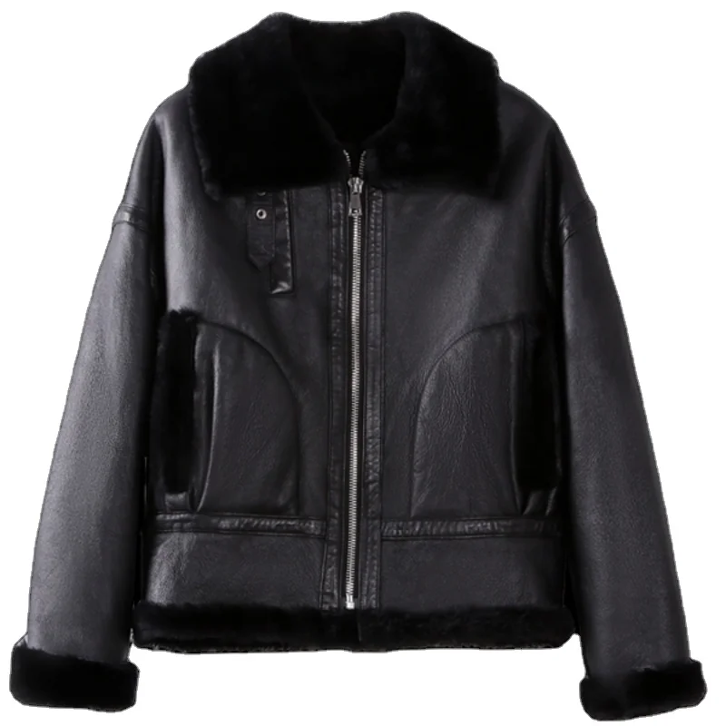 Winter Faux Leather coat Furry Notch Lapel Sherpa Shearling Warm brown woman leather jacket with fur collar  leather jacket