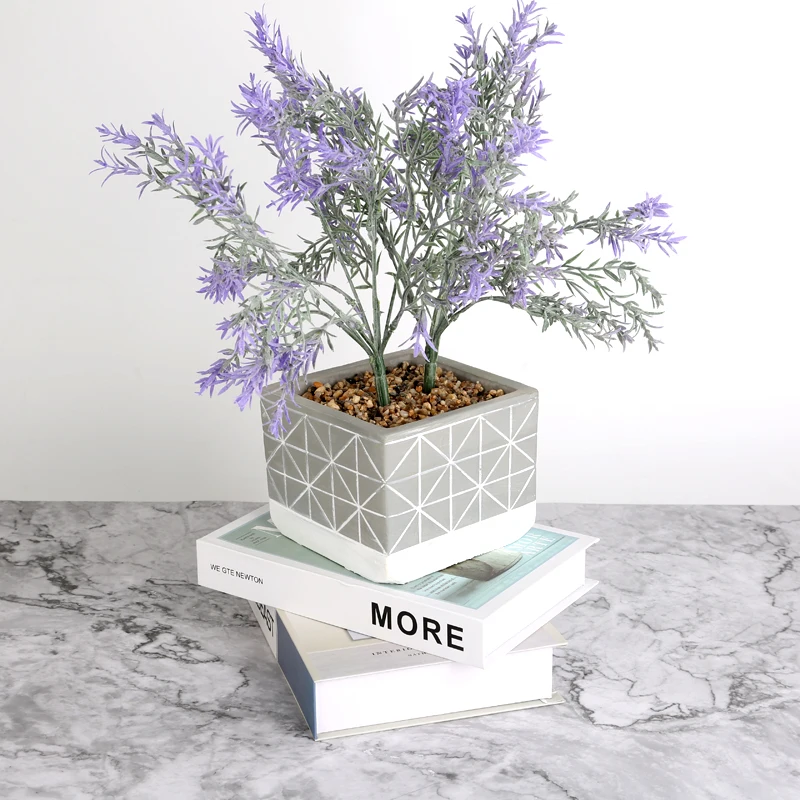 
Wholesale square grey artificial flowers in concrete cement shallow planter pot for indoor plants 