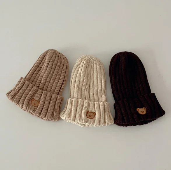 Wholesale Autumn Winter Bear Embroidery Baby Kids Knitted Beanie