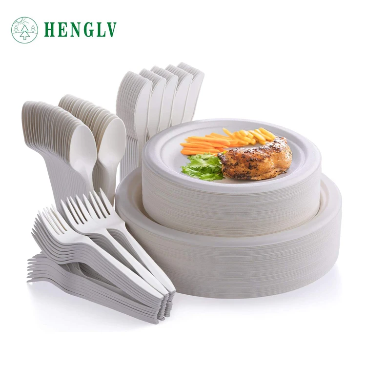 HENGLV Eco-Friendly Compostable Bagasse Tableware Food Packaging Tray Multi-Purpose 4-Compartment Paper Plate