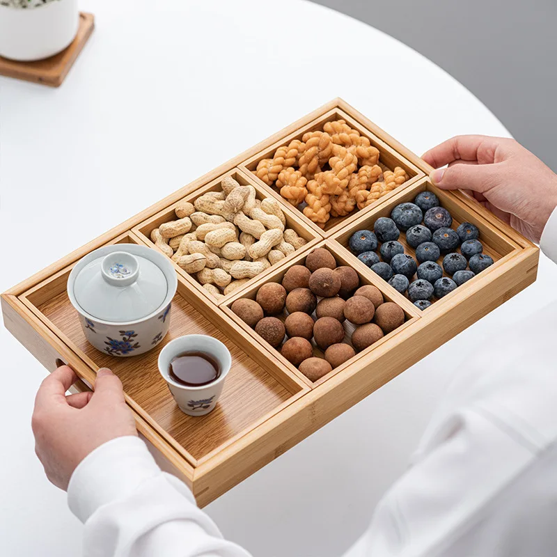 Bamboo Fruit Tray 7 piece set Kitchen Tea Serving Trays with Handle Home Multi-functional Dessert Breakfast Platter