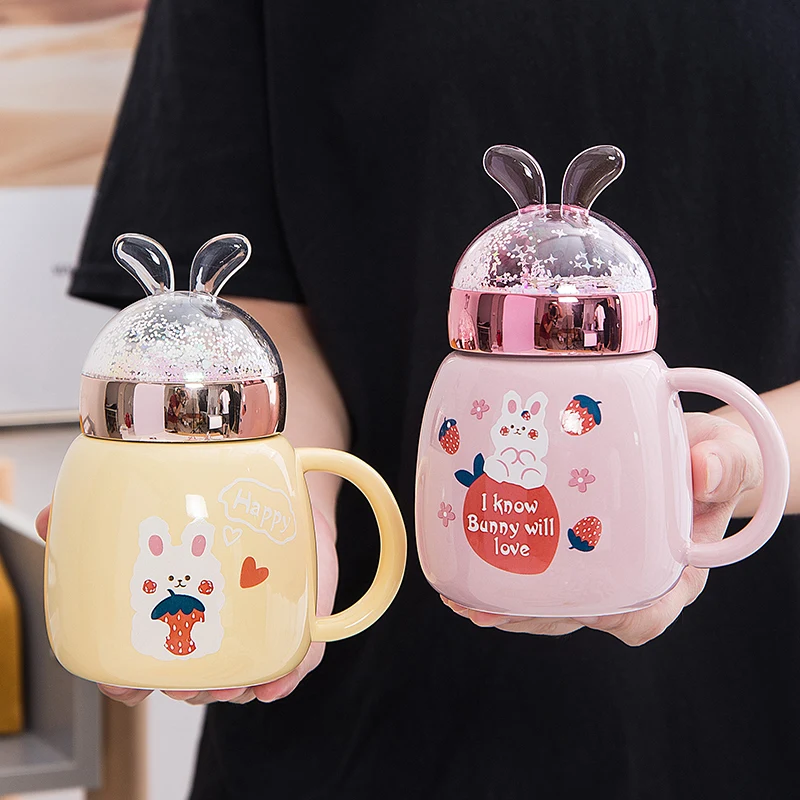 
 Flypeak new design Korea ceramic coffee cup cute rabbit Porcelain water bottle ceramic coffee mugs cup with lid  