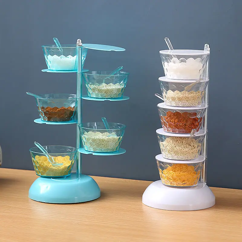 Hot Product Kitchen Accessories Seasoning Jar With Spoon 5 Layers Plastic Condiment Storage Jar Rotating Seasoning Box
