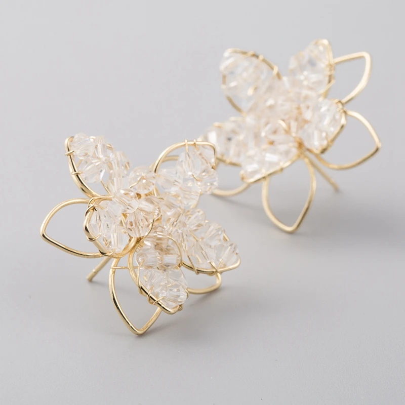 Wire Wrapped Crystal Beaded Earrings Fashion Flower Stud Earrings For Women