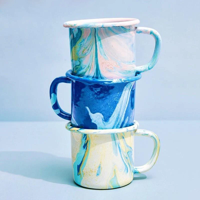 Wholesale novelty new design half speckled splash colored cast iron metal printed enamel coffee cup mugs