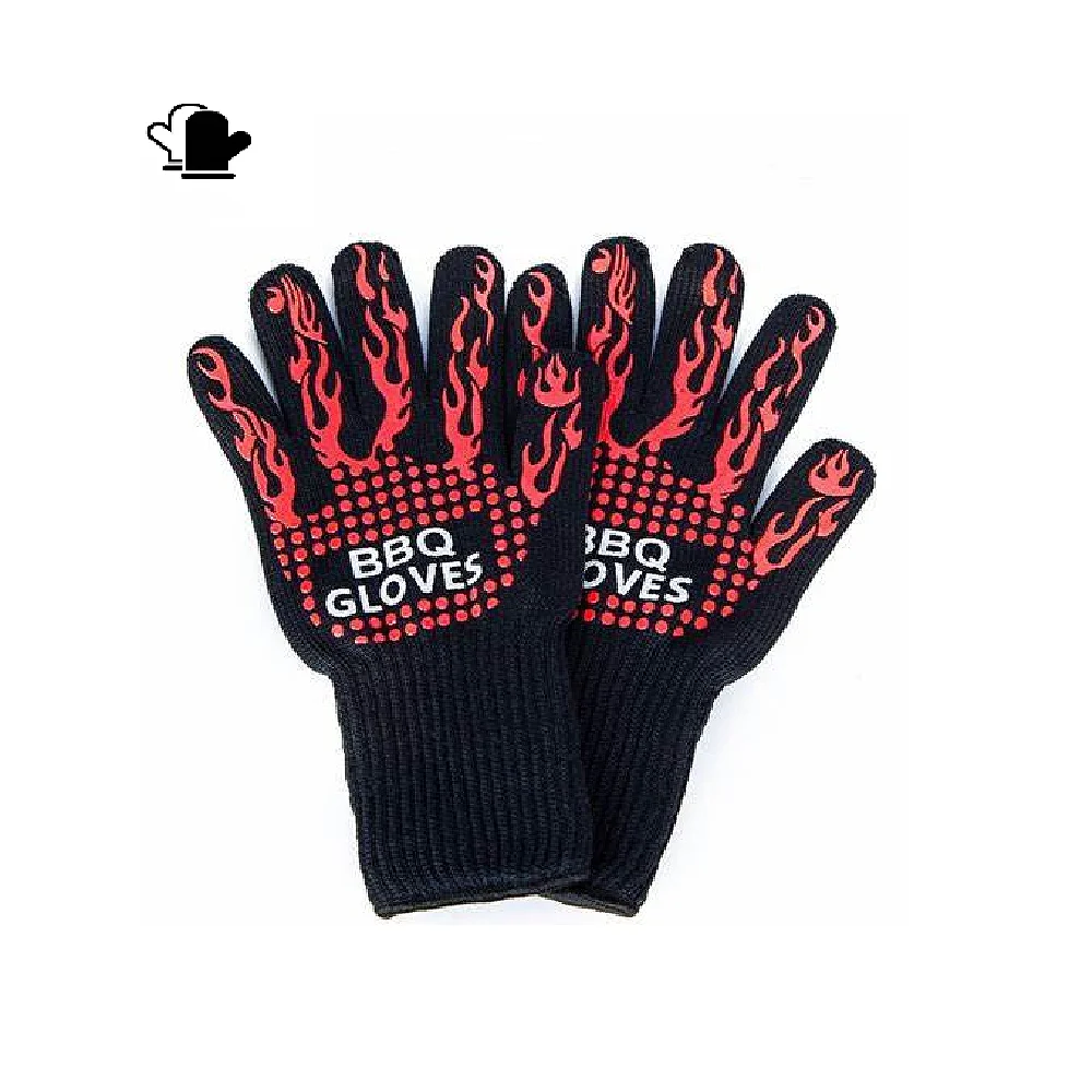 Extreme Heat Resistant Kitchen Cooking Gloves Non-slip Silicone Printed Black BBQ Grill Gloves For Household Kitchen Usage