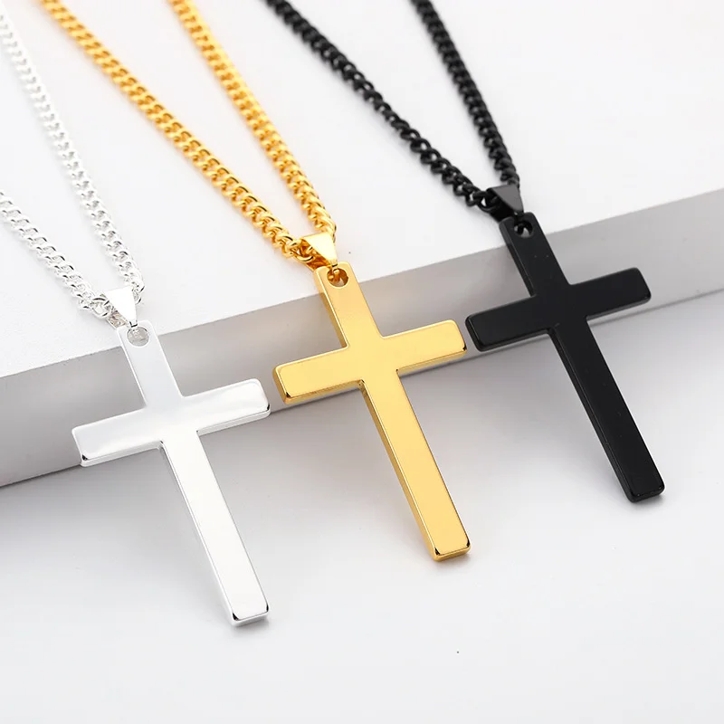 Cheap Gold Silver Black Plated Cross Necklace Stainless Steel Prayer Choker Cross Pendant Necklaces For Men Jewelry