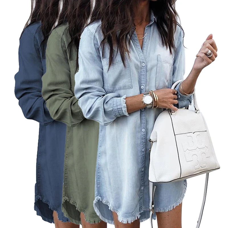 Wholesale Casual Women Ladies Long Sleeve Oversized Loose Shirt Jean Denim Dress