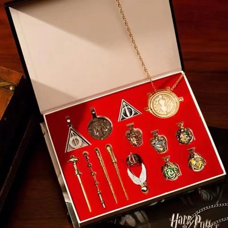 Wholesale Cosplay Accessory Movie Harry School of Magic Scepter Badge Necklace Pin Pendant Ring Set Anime Collection Box